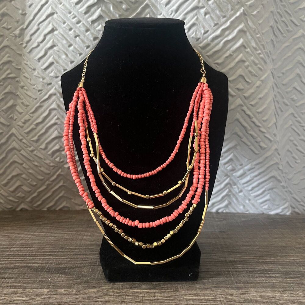 Versano Coral Pink Seed Bead Gold Tone Multi Strand Boho Statement Necklace